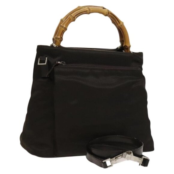 GUCCI Bamboo Hand Bag Nylon 2way Brown Silver - Picture 1 of 16
